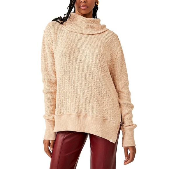 FREE PEOPLE Tommy Turtleneck Sweater Womens Peach Long Sleeve Nubby Knit large - Picture 1 of 16